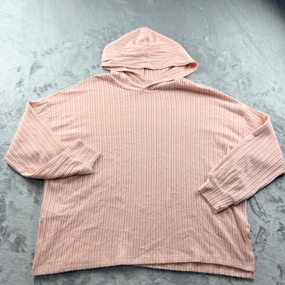 American Eagle Women's Medium Pink Ribbed Knit Hooded Pullover Sweater Top